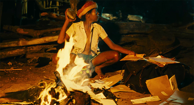 A total of 14 shots and 4,500 frames (approximately 3 minutes, 7 seconds) were missing from the print from Sinematek Indonesia, and had to be reconstructed using the Japanese print as a reference. For example, this still showing the lead character burning the letters he had seized from the postman was missing. Courtesy of Garin Nugroho.